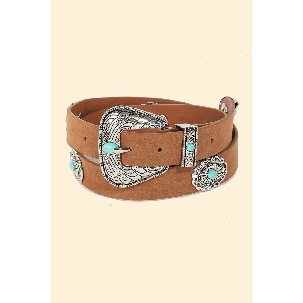 42" Long Western Boho Floral brown Turquoise Bead Concho Chain Belt buckle Disc